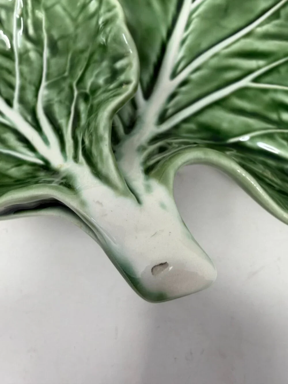 Bordallo Pinheiro cabbage leaf dish chips and dip Portugal green majolica